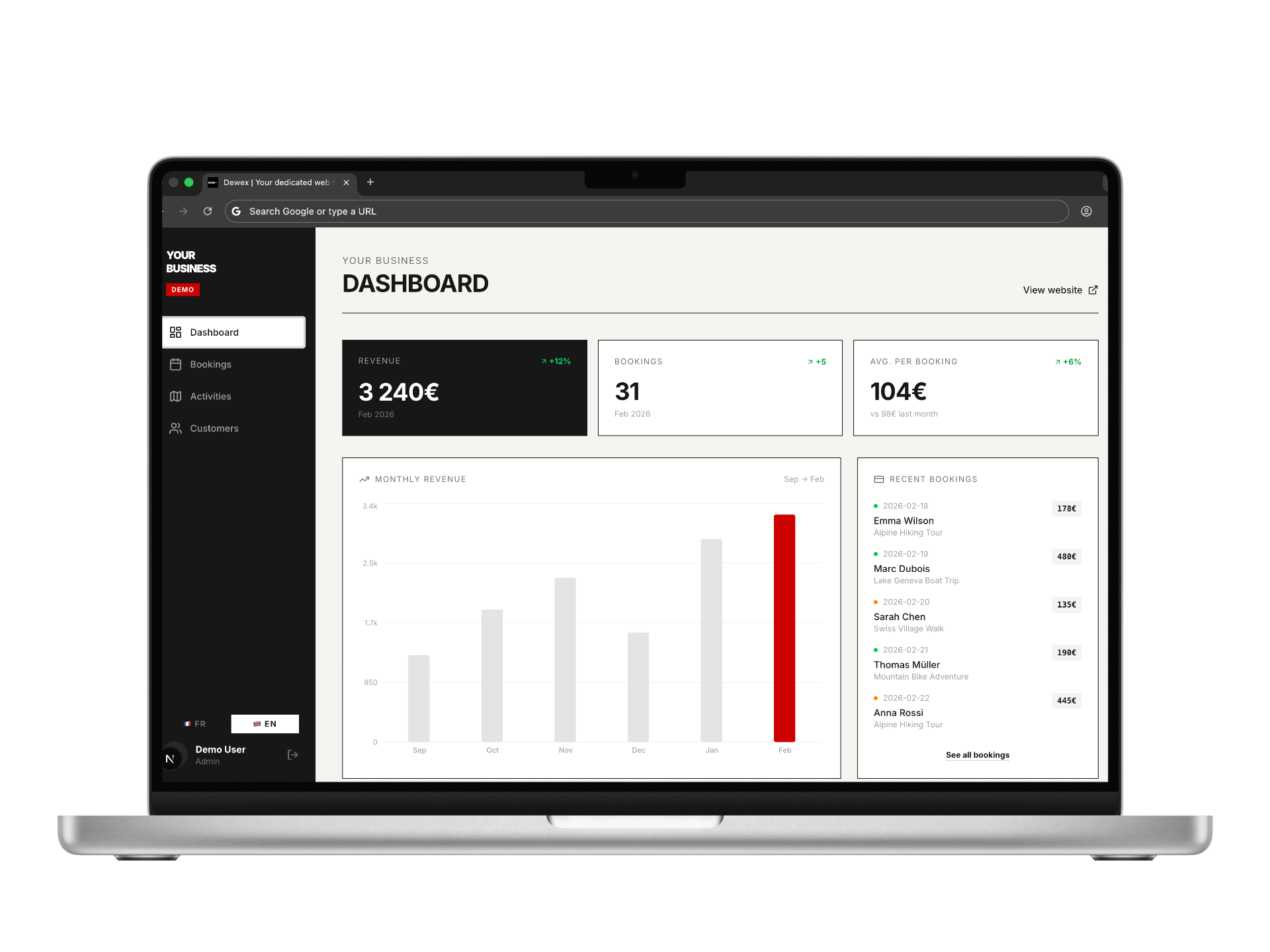 Dewex booking platform dashboard